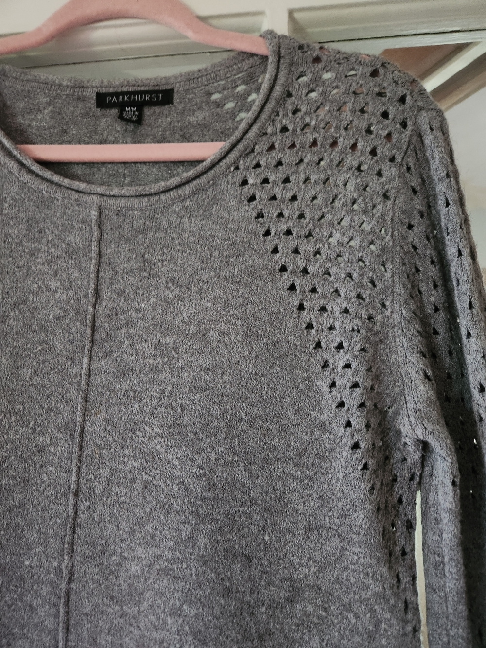 Parkhurst Gray Crewneck Sweater with Eyelet Shoulder Detail